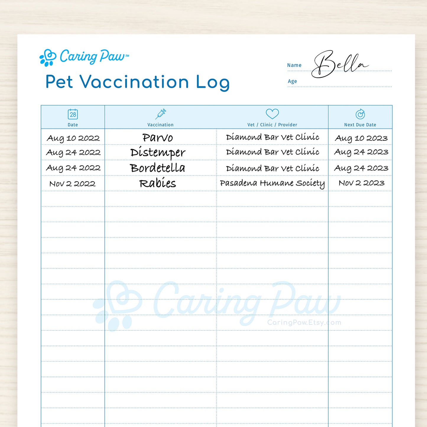 Pet Vaccination Log