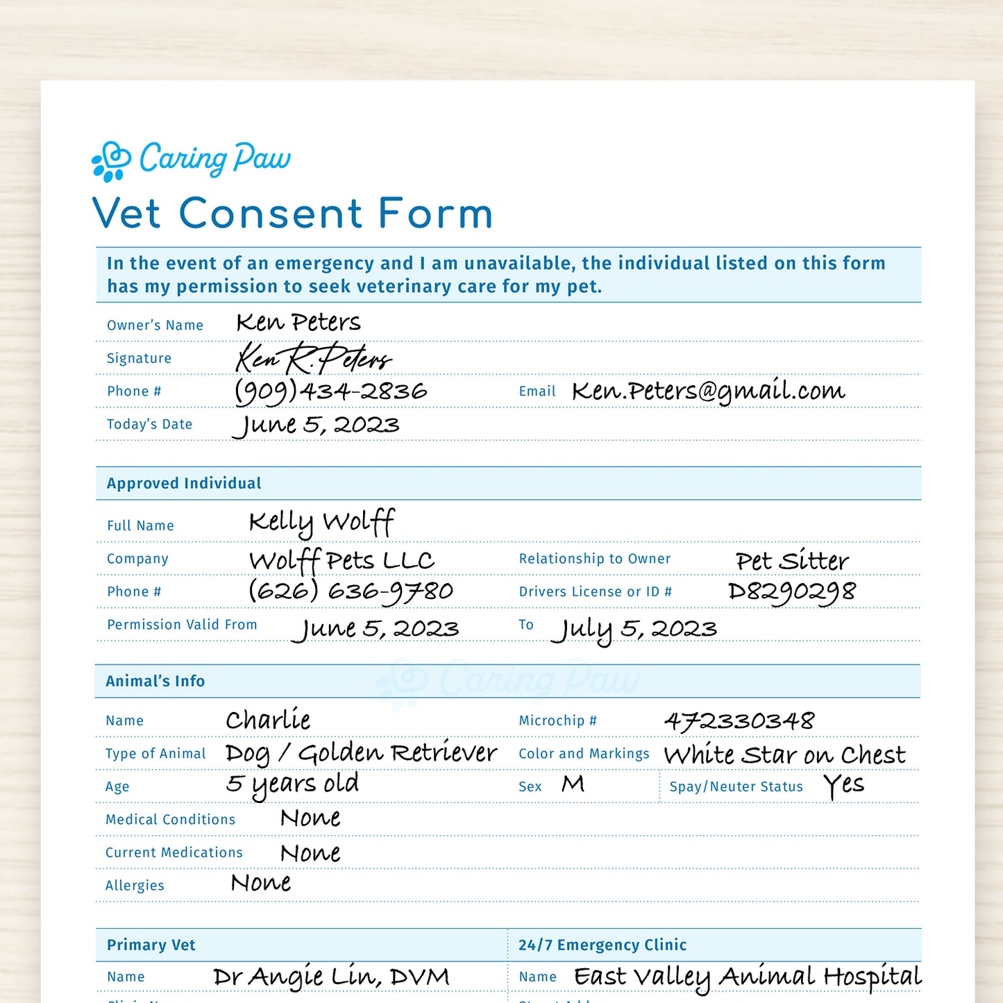 Vet Care Emergency Consent Form